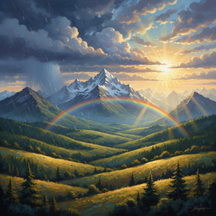KI-generierte Illustration einer Berglandschaft mit Gewitter, Regen, Sonnenstrahlen und Regenbogen als überspitzte Darstellung von Wetterfotografie.