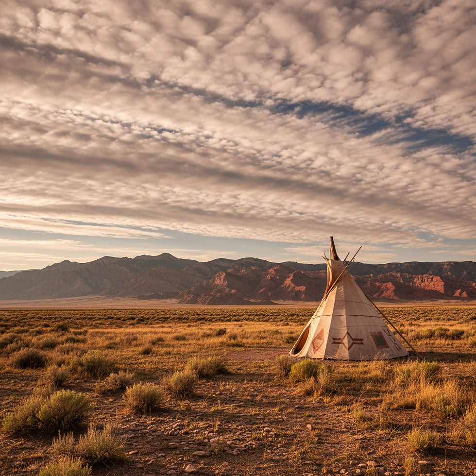 Image Description: A solitary tipi stands majestically under a dramatic sky, set against a backdrop of rugged mountains and golden grasslands, capturing the serenity of the open wilderness.
