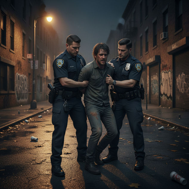 Police officers escort a disheveled man down a dimly lit, graffiti-covered alley, illuminated by a lone streetlamp on a rainy night.