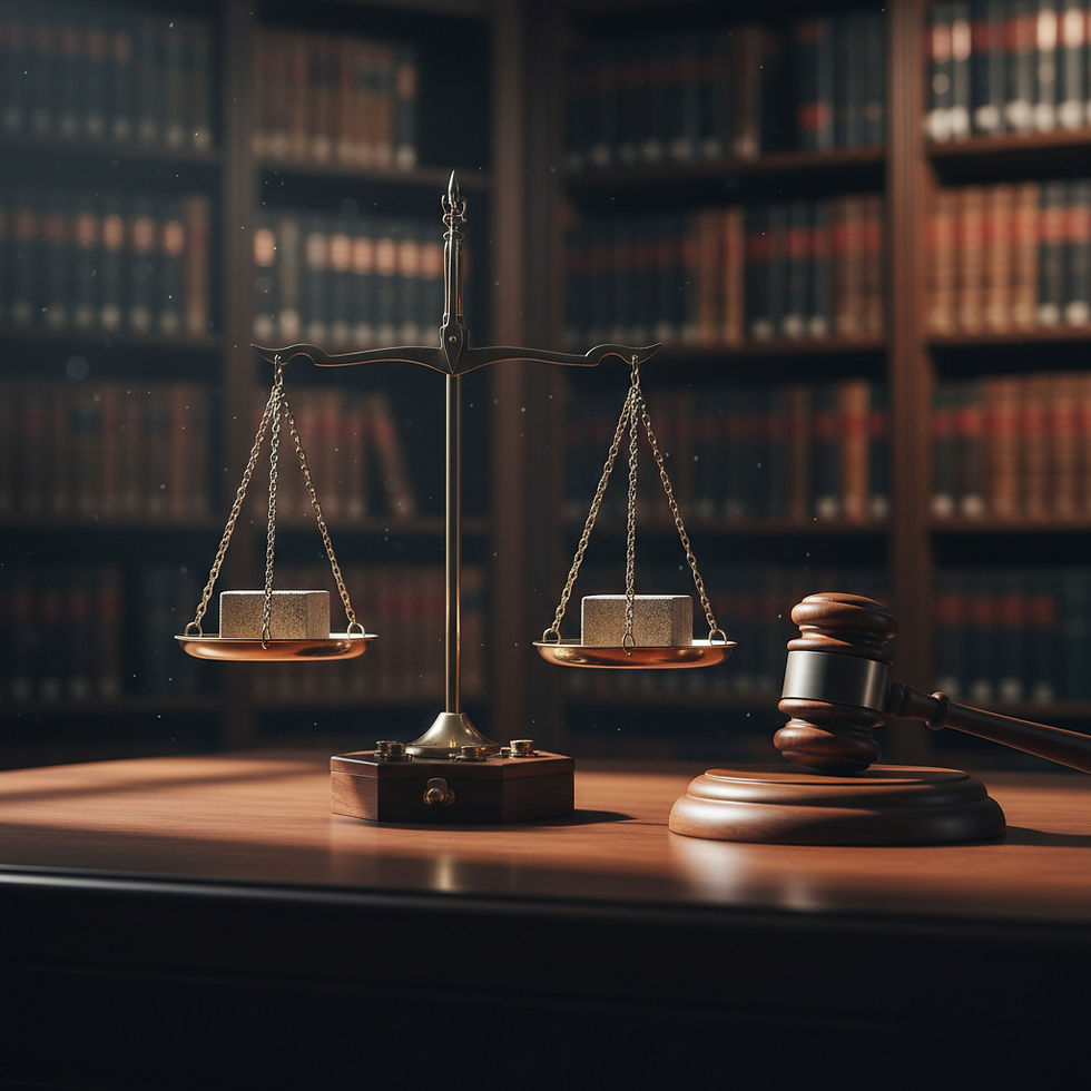 Image Description: A judge's gavel and balanced scales symbolize justice in a law library, reflecting the impartiality and fairness of the legal process.
