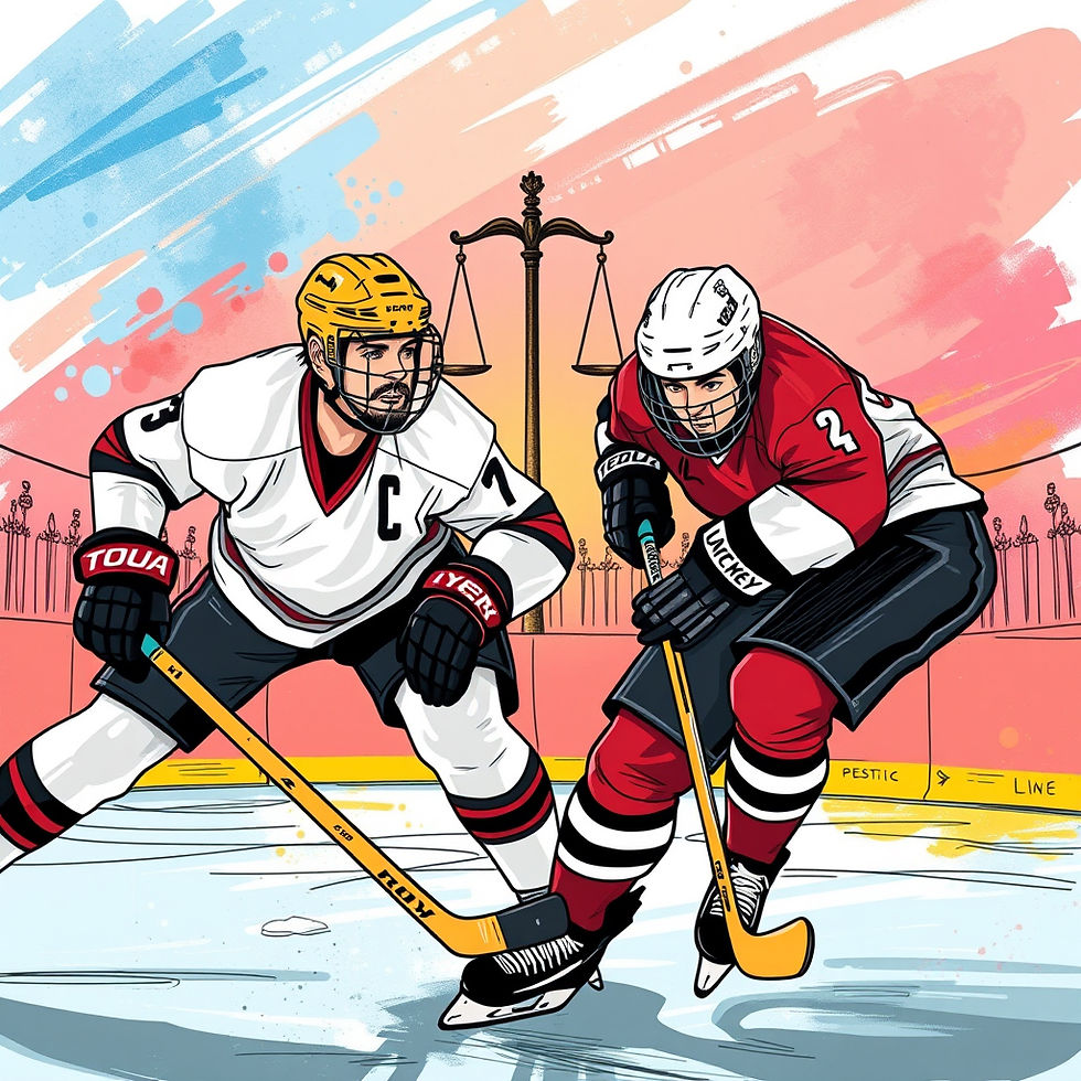 Two hockey players face off on the ice, their intense expressions captured in an illustrative art style. Behind them, the scales of justice symbolically weigh their competition, blending sportsmanship with a sense of fairness and balance.