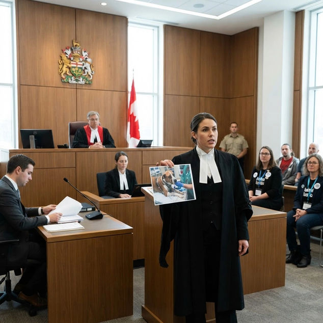 A lawyer passionately presents evidence showing a photograph of an injured dog during a courtroom trial, as the judge and attendees observe attentively.