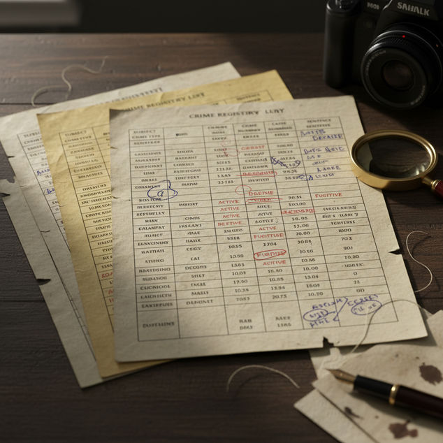 A crime registry list showing detailed entries, marked with handwritten notes. A camera, magnifying glass, and pen indicate careful investigation and analysis.