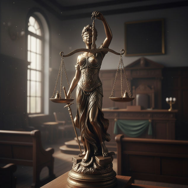 A bronze statue of Lady Justice stands in a courtroom, symbolizing fairness and impartiality with her scales and sword.