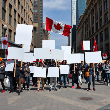 A diverse group of protesters march through an urban street in Canada, holding blank signs and Canadian flags, expressing unity and a call for a cause.