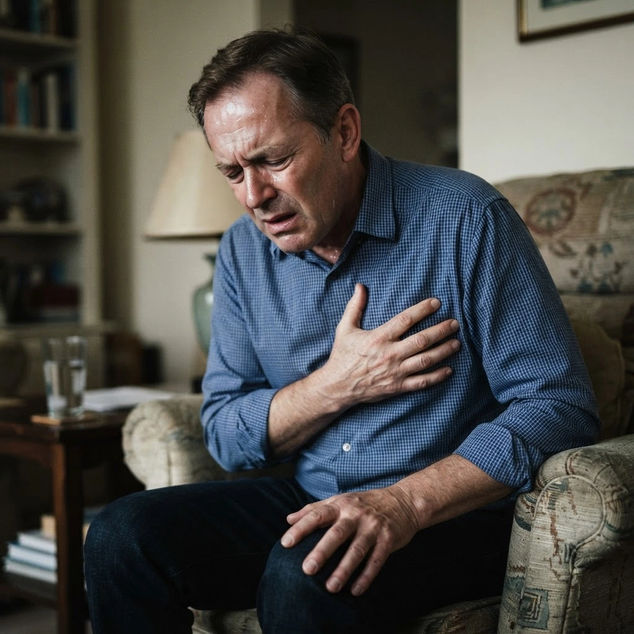 A man experiencing chest pain sits on a couch at home, indicating possible discomfort or a health concern.