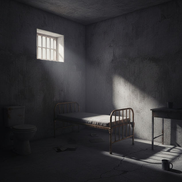 A stark and minimal prison cell, illuminated by a beam of light streaming through the barred window.