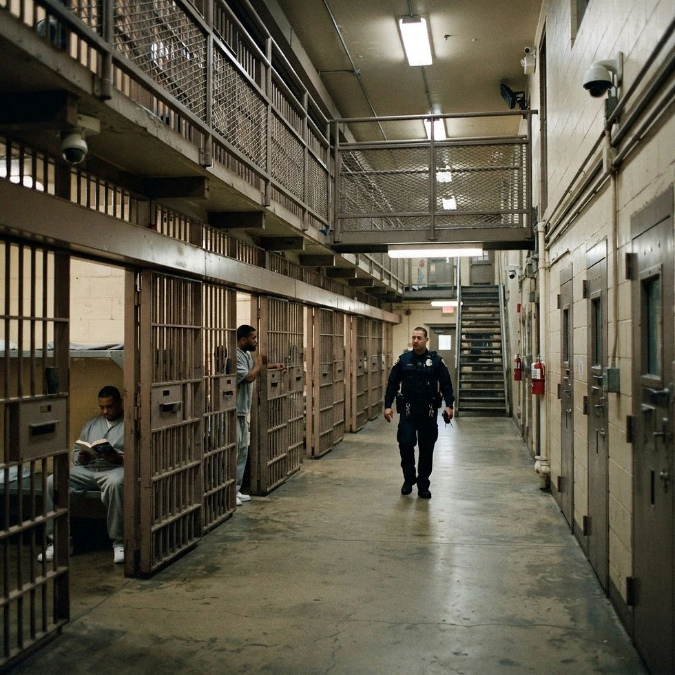 Image Description: A prison guard walks through a dimly-lit cell block as an inmate reads quietly in his cell, highlighting the daily routines within the confines of the correctional facility.