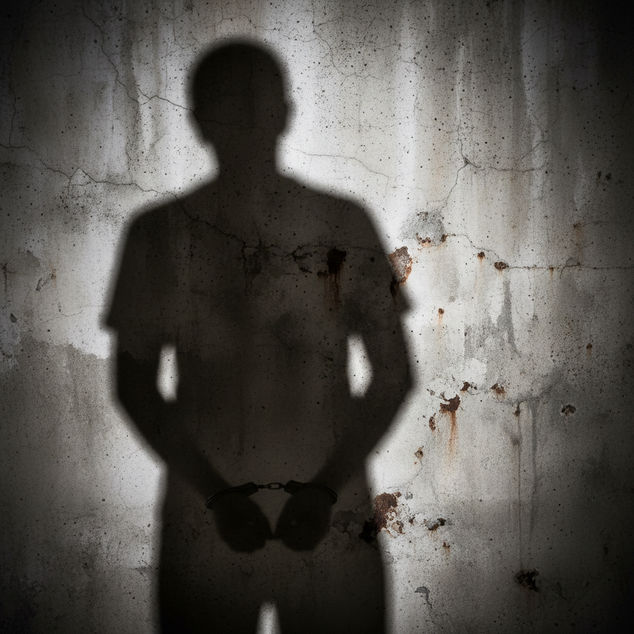 A shadowy silhouette of a person in handcuffs is cast against a cracked, aged wall, creating an atmosphere of mystery and suspense.