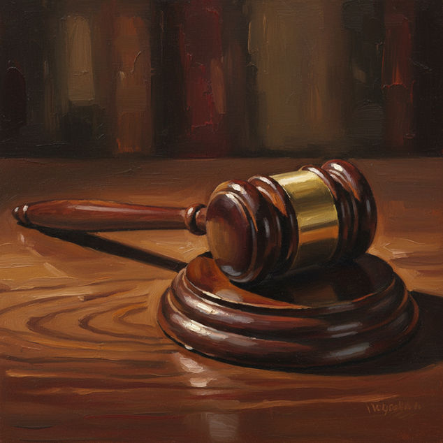 A richly detailed oil painting of a judge's gavel resting on a wooden sound block, set against the backdrop of dark, textured legal books.