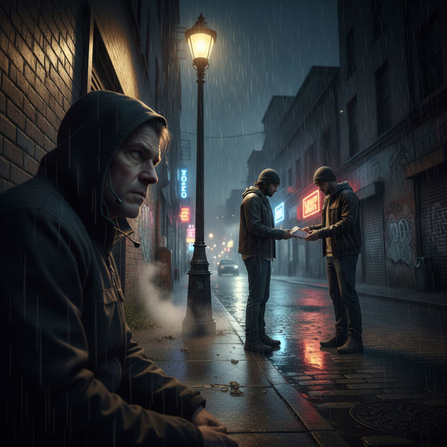 A tense moment unfolds in a dimly lit alley as two hooded figures make a discreet exchange under the glow of a streetlamp, while a vigilant observer watches intently from the shadows.