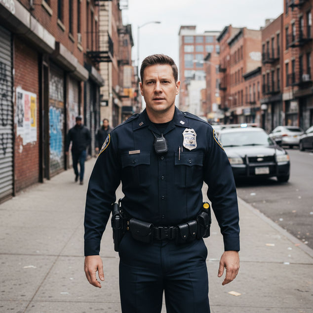 A police officer stands on a city street.