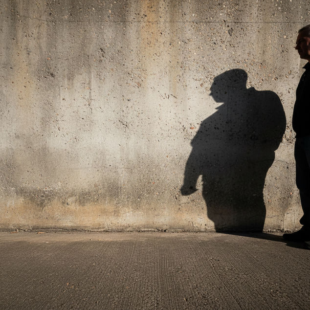An individuals silhouette is cast against a textured concrete wall.