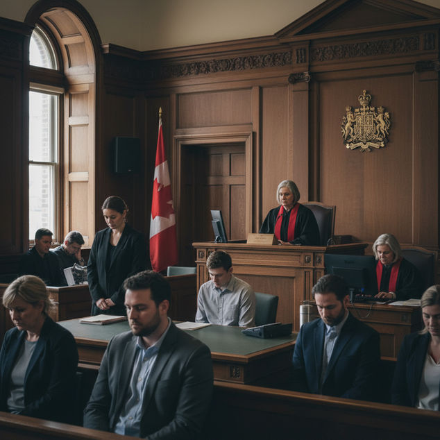 A Canadian courtroom as participants observe a moment of silence, with the judge presiding over the session from the bench.