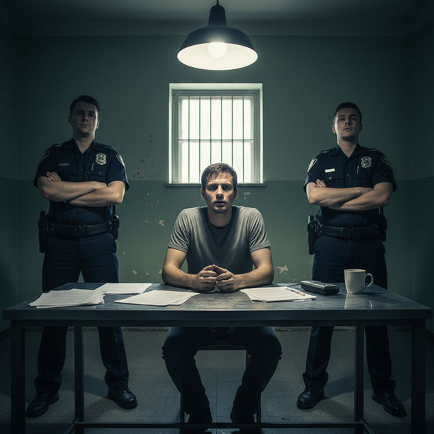 A tense interrogation unfolds as a man sits at a table under a bright light, flanked by two stern officers in a dimly lit room.