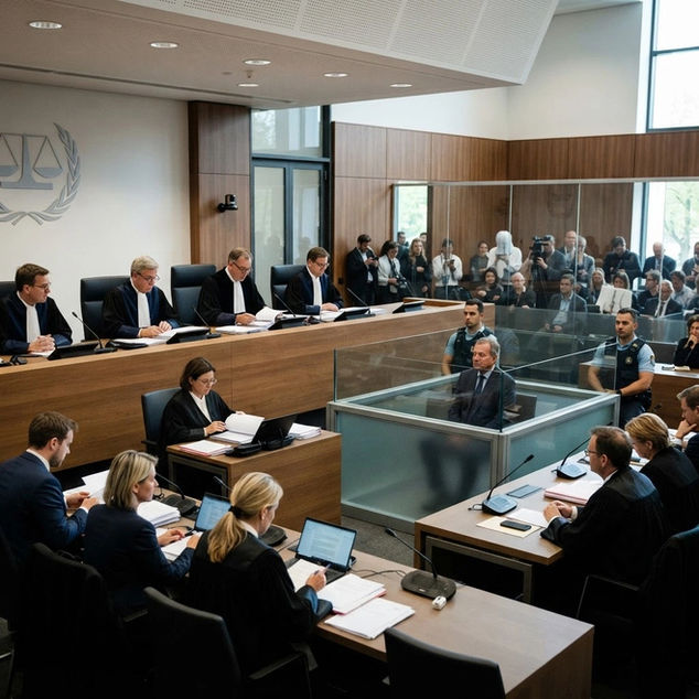 A formal courtroom scene unfolds as judges, lawyers, and officials engage in a significant trial. The defendant sits in a glass enclosure, attentively listening to proceedings, while a panel of judges oversees the case from an elevated bench, and an audience observes from the gallery.