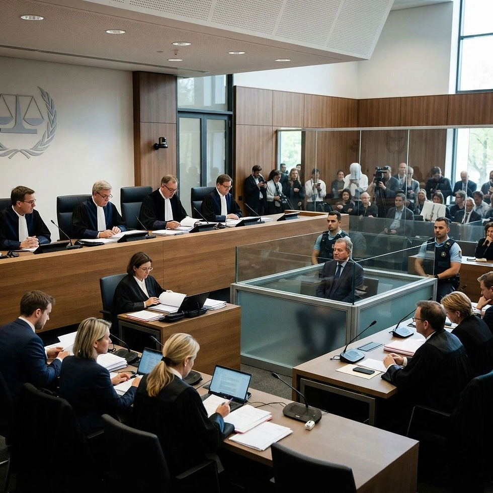 Image Description: A formal courtroom scene unfolds as judges, lawyers, and officials engage in a significant trial. The defendant sits in a glass enclosure, attentively listening to proceedings, while a panel of judges oversees the case from an elevated bench, and an audience observes from the gallery.