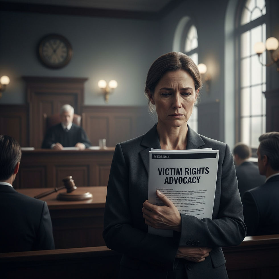 Image Description: In a solemn courtroom, an advocate stands determinedly with a document titled "Victim Rights Advocacy,"