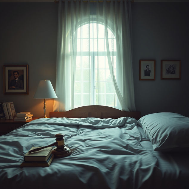 A bedroom setting with a softly illuminated window and delicate drapes, showcasing a wooden gavel placed on a stack of books on a neatly arranged bed, with framed portraits adorning the walls.