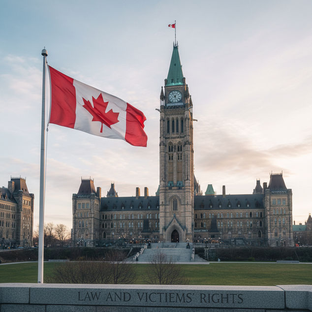 A Canadian flag waves in front of the iconic Peace Tower on Parliament Hill in Ottawa, symbolizing the nation's steadfast commitment to democracy and justice at the heart of its government.