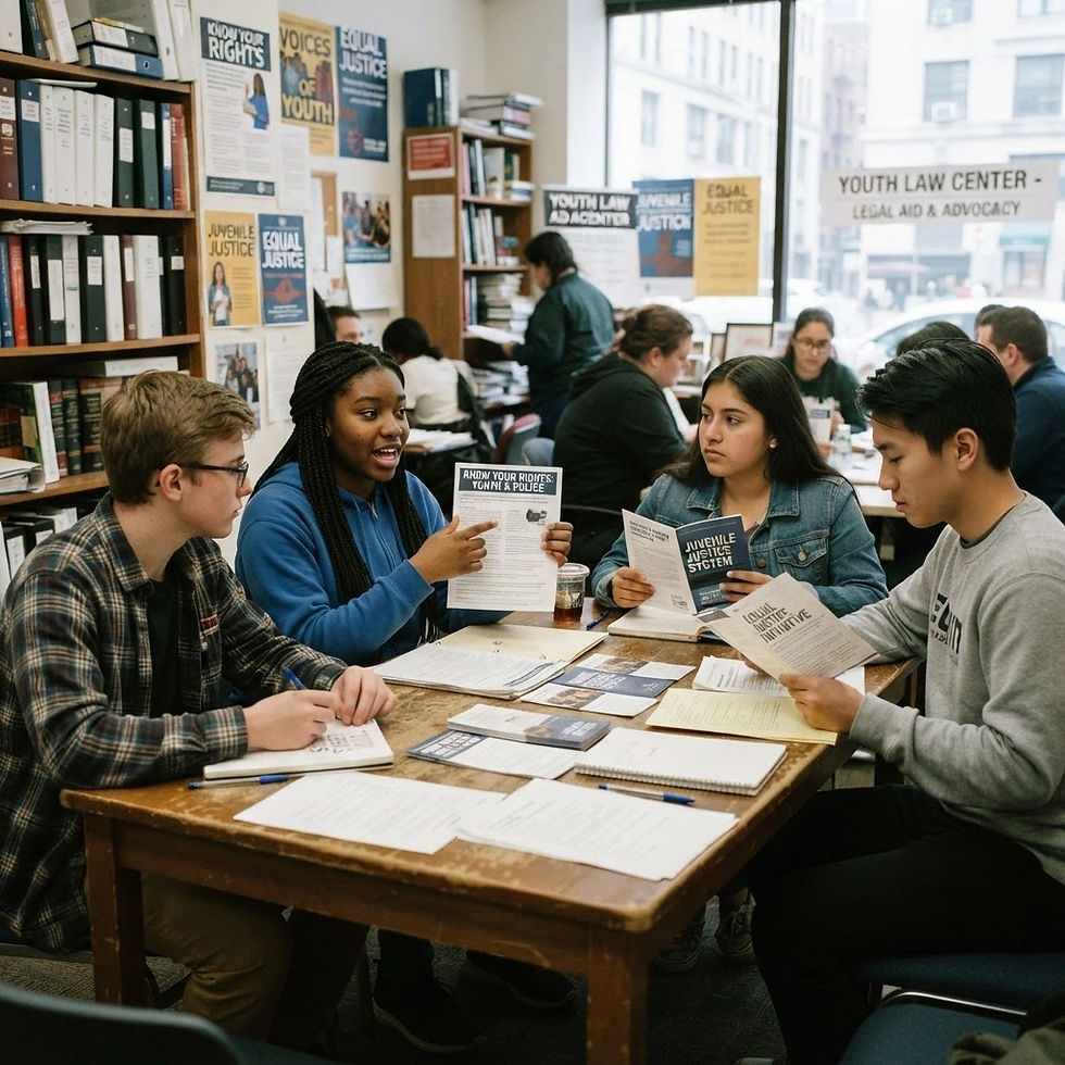 Image Description: Students engage in a collaborative discussion at the Youth Law Center, examining materials on legal rights and juvenile justice advocacy.