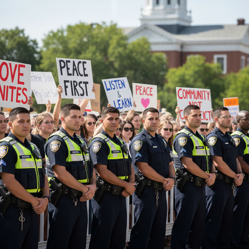 Image Description: Community members and police officers at an demonstration, holding signs.