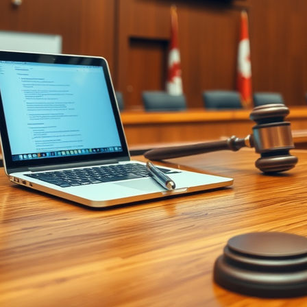 A modern courtroom setup with a laptop highlighting the integration of technology in legal proceedings, flanked by a wooden gavel and national flags.