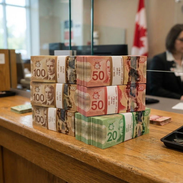 Stacks of Canadian currency, featuring 100, 50, and 20 dollar bills.