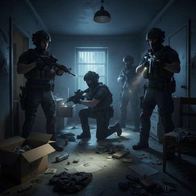 SWAT team members conduct a room clearing operation in a dimly lit, cluttered room, their weapons at the ready as they search for potential threats.