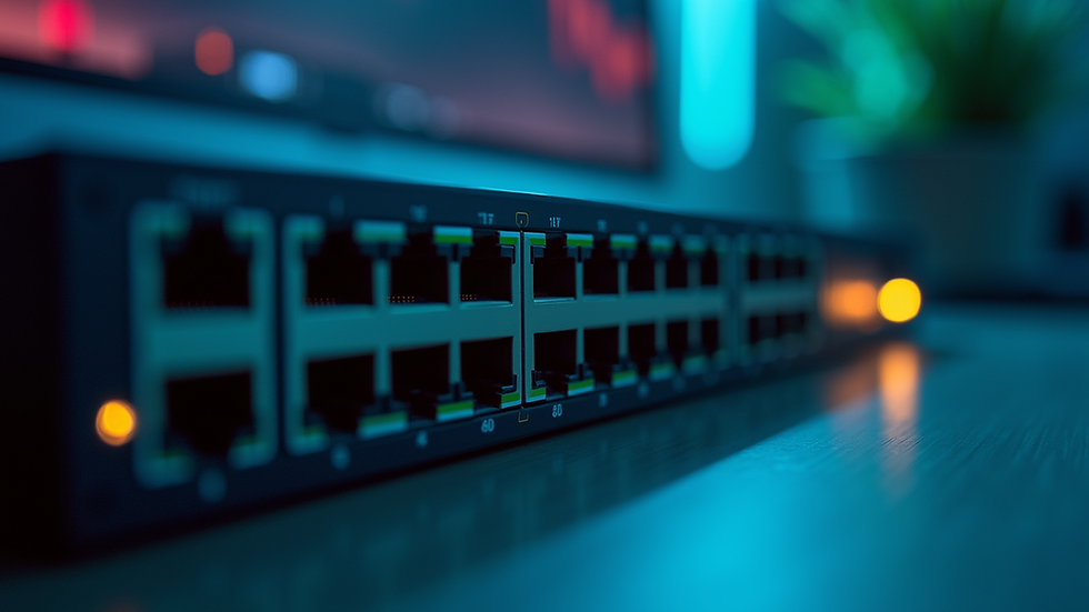 Close-up view of an Ethernet switch with multiple ports