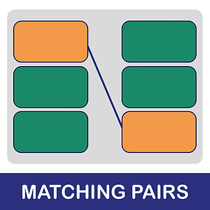 Six rectangles are lined up in two columns. The top left rectangle and the bottom right rectangle are both orange with a navy blue line connecting them. The other rectangles are green. Across the bottom is a navy blue banner with the words "matching pairs" written in white.