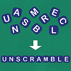 There are 10 navy blue tiles randomly scattered across the top of the image with white letters inside them. Below it is a white arrow pointing down. Across the bottom are 10 more navy blue tiles with white letters in them. These tiles across the bottom are lined up and organized to spell out "unscramble". Everything sits upon a dark green background.