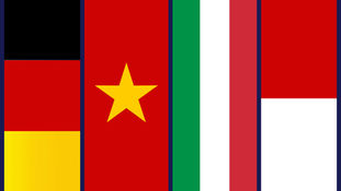 Four flag panels side by side: Germany (black, red, and gold stripes), Vietnam (red with a yellow star), Italy (green, white, and red stripes), and Indonesia (red over white).