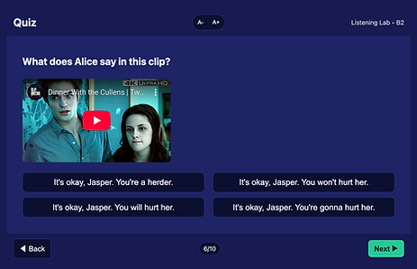 The quiz element showing an audio based question for listening practice