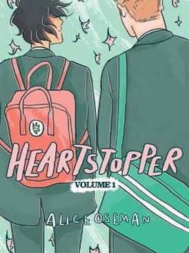 Capa de Heartstopper Volume 1: dois meninos de costas, um com mochila rosa e outro com bolsa verde, em fundo menta.