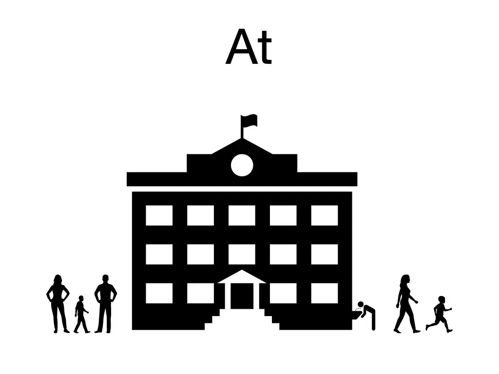 A vector image of a school with people standing outside of it