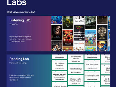 「ラボ」の画像には「リスニングラボ」が映り、テレビや映画のポスターが展示されている。また「リーディングラボ」では、緑色の背景にテキストパネルが配置されている。