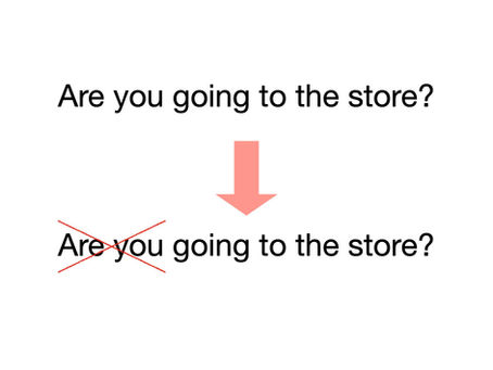 Text reads "Are you going to the store?" twice, with red X over the words "are you" in the second example. A pink arrow points to the correct version.