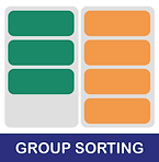 A navy blue bar across the top has the white text "group sorting" inside of it. Below it are two gray columns, the left column has 3 green rectangles and the right column has four orange rectangles.