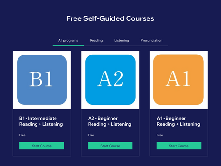 Online course options on a dark blue background: B1, A2, A1 levels for reading and listening. Each course is free with a "Start Course" button.