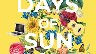 Yellow book cover of 100 Days of Sunlight by Abbie Emmons. Features flowers, a guitar, a laptop, and a camera. Text: When life knocks you down... Get up.