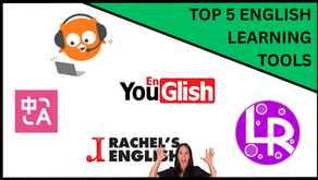 Top 5 English learning tools graphic. Includes logos for YouGlish, Rachel's English, and more.