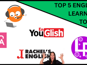Top 5 English learning tools graphic. Includes logos for YouGlish, Rachel's English, and more. 