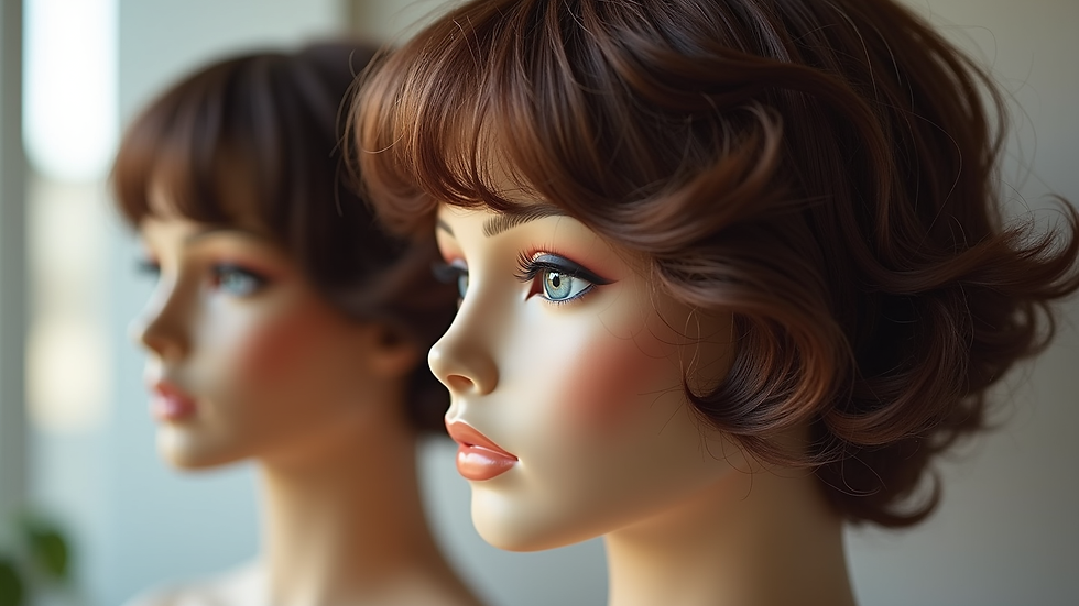 Close-up view of a natural-looking synthetic wig on a mannequin head