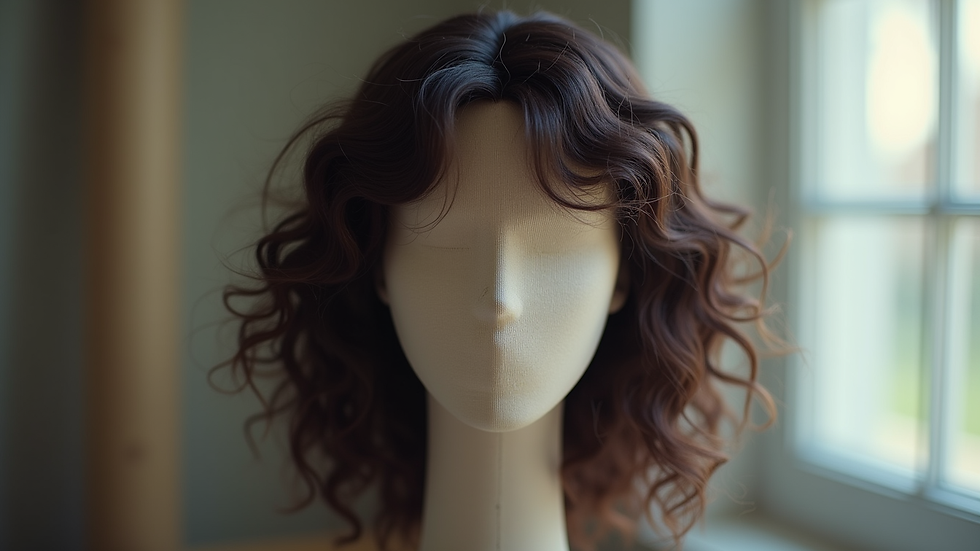 Eye-level view of a lace front synthetic wig on a wig stand