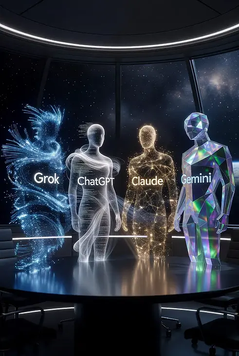 Person learning AI tools including ChatGPT, Grok, Gemini, and Claude on a laptop