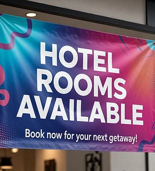 a modern banner showing hotel rooms available