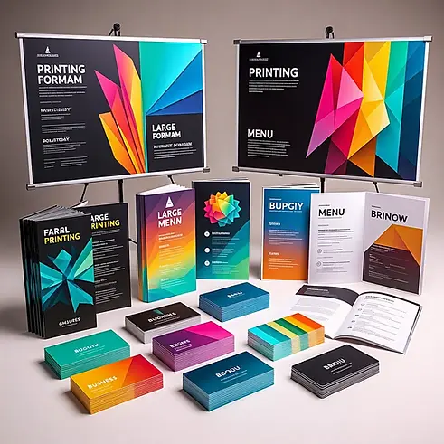 Stack of professionally printed business cards, brochures, and marketing materials