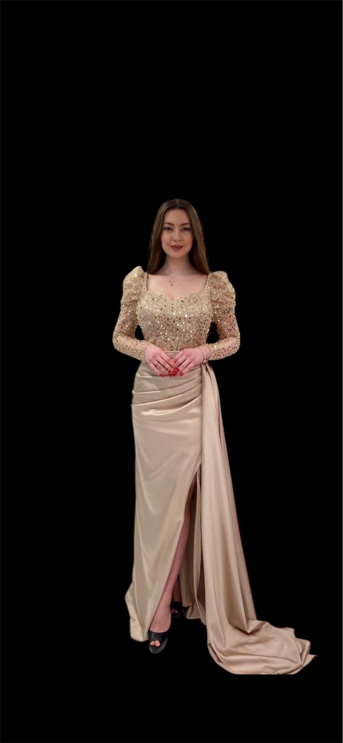 In brown fitted dress 