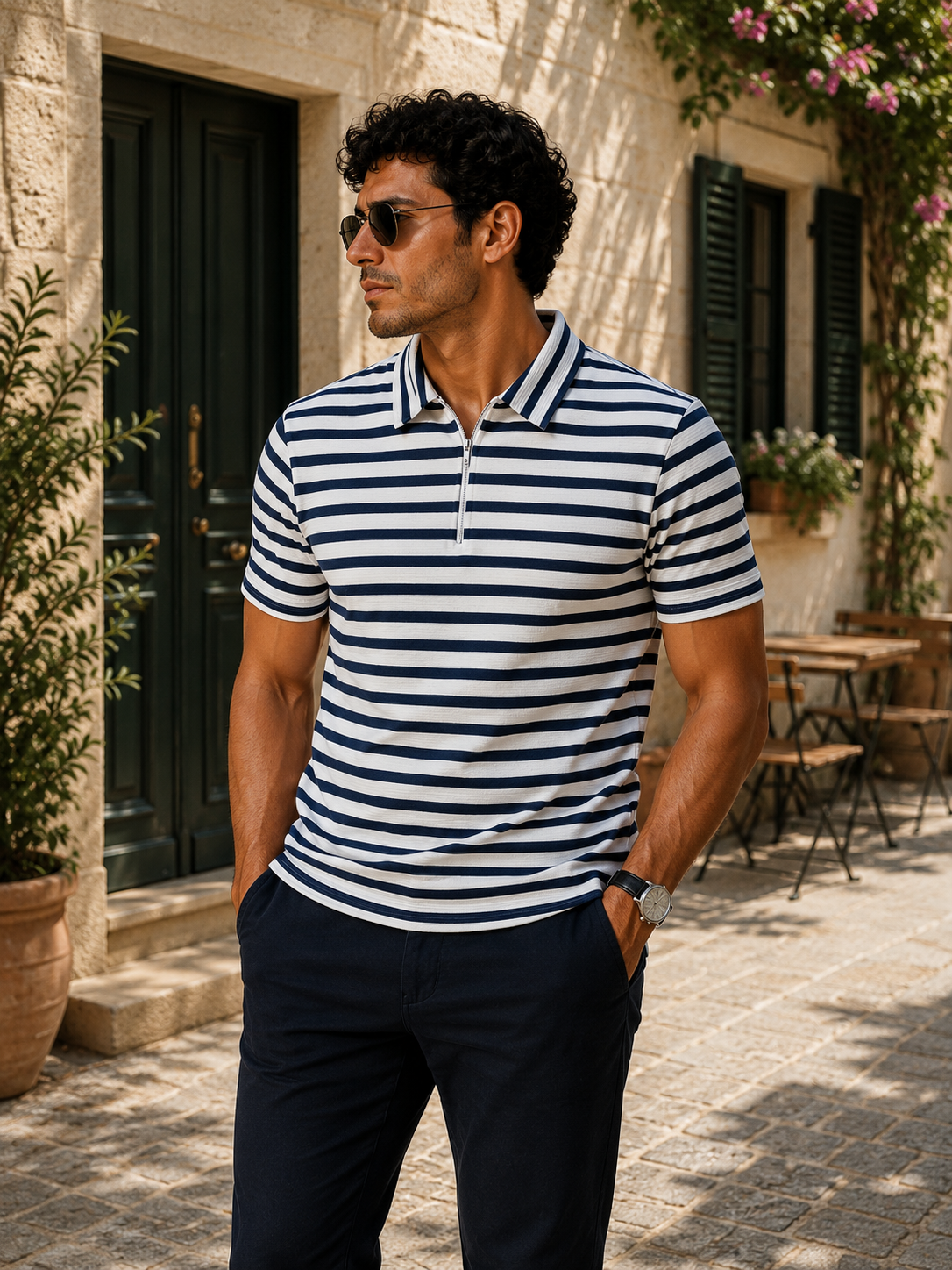 Camiseta Polo ZARA texturizada malha tecnológica listrada